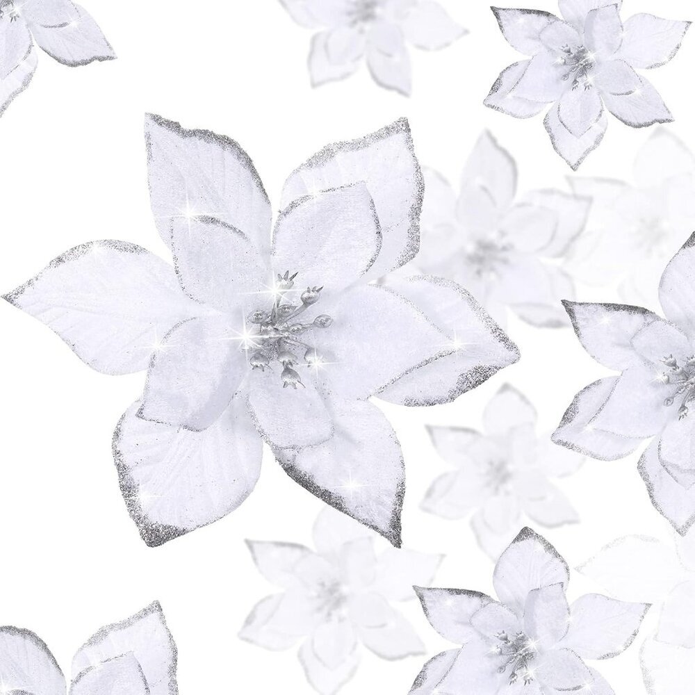 24 Pcs 3 Size Poinsettia Flower Artificial Christmas Decor Glitter Poinsettia Ch